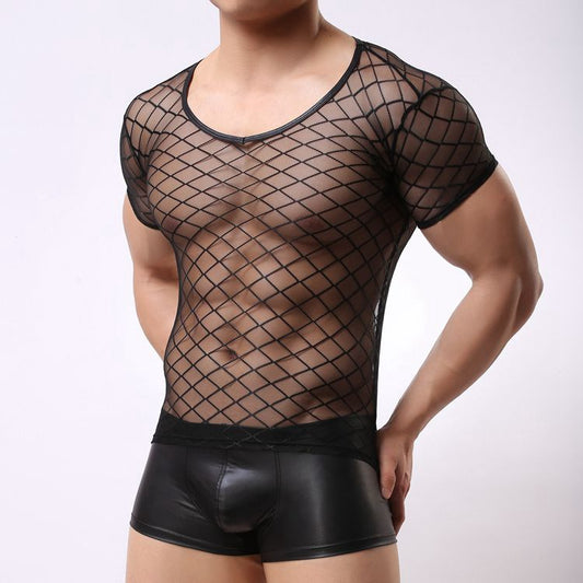 Men’s Mesh Grid See-Through Tee – Breathable Stretch Top