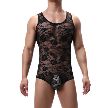 Men’s Floral Lace Bodysuit – Lightweight Sheer One-Piece