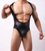 Men’s Black Stretch Bodysuit – Glossy Performance Leotard