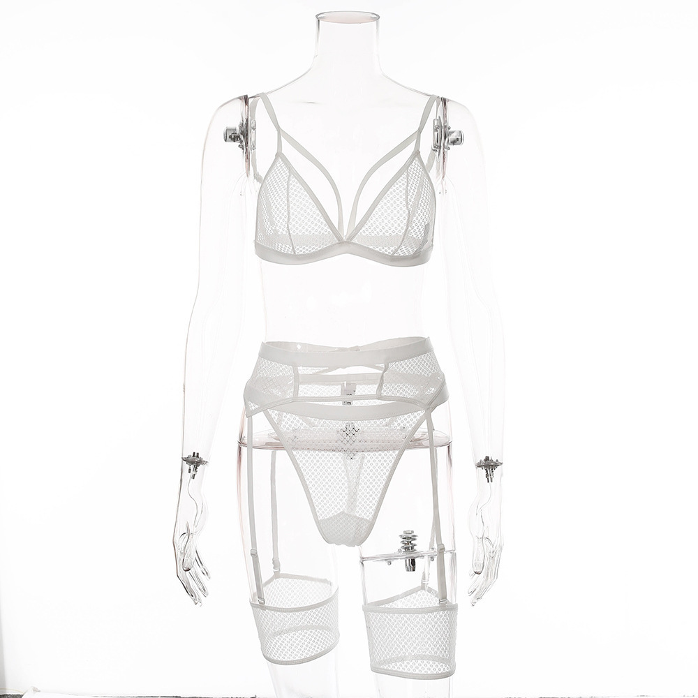 White Mesh Lingerie Set with Garter Belt – Sexy 3 Piece See-Through Bra & Panty Set