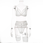 White Mesh Lingerie Set with Garter Belt – Sexy 3 Piece See-Through Bra & Panty Set