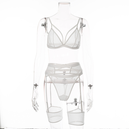 Conjunto de lencería blanca de malla con liguero – Sexy conjunto de sujetador y braguita transparentes de 3 piezas