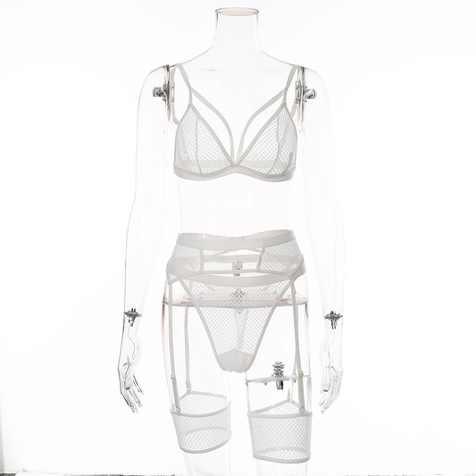 White Mesh Lingerie Set with Garter Belt – Sexy 3 Piece See-Through Bra & Panty Set