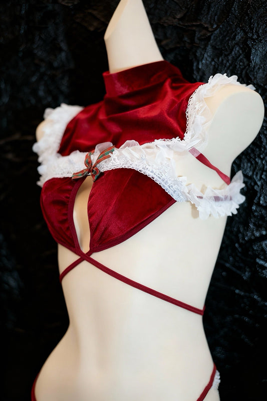 Red Velvet Christmas Lingerie Bodysuit – Festive Lace Set