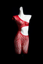 Red Mesh Asymmetric Bodysuit – Artistic See Through Lingerie