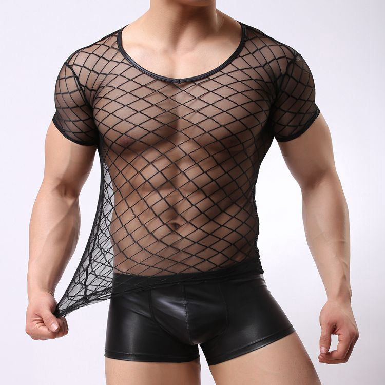Men’s Mesh Grid See-Through Tee – Breathable Stretch Top