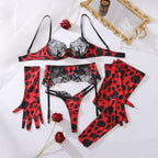 Leopard Lace Lingerie Set with Garter & Gloves