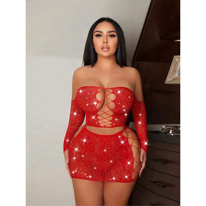 Red Lace Cut-Out Lingerie Dress | Sexy Sparkling Outfit