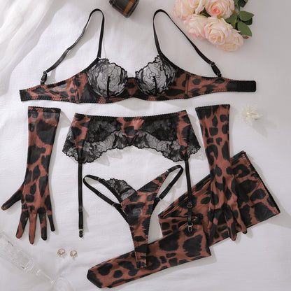 Leopard Lace Lingerie Set with Garter & Gloves