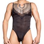 Men’s Sheer Lace Bodysuit – Black Stretch Fashion One-Piece