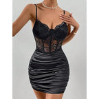 Elegant Lace Corset Mini Dress – Sexy Ruched Bodycon Outfit
