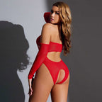 Red Lace-Up Mesh Bodysuit | Sexy Hollow-Out Lingerie