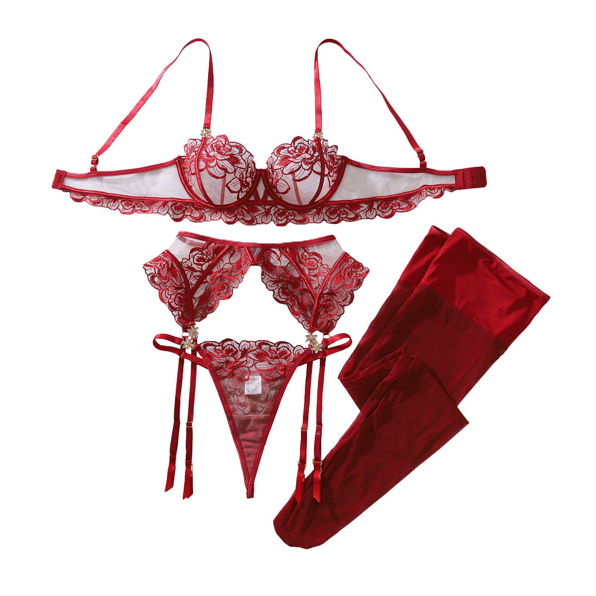 Black Floral Embroidered Lingerie Set with Garter Belt