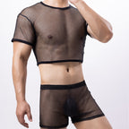 Men’s Sheer Mesh Lingerie Set – Transparent Crop Top & Shorts
