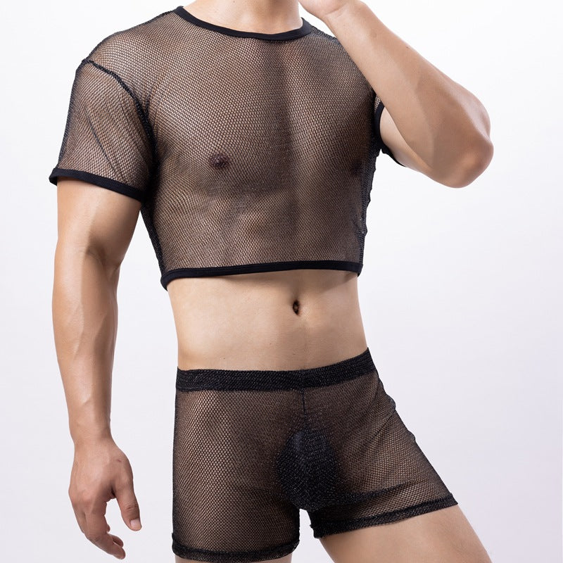 Men’s Sheer Mesh Lingerie Set – Transparent Crop Top & Shorts