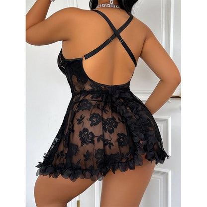 Plus Size Black Lace Babydoll Lingerie – Sexy Sheer Sleepwear