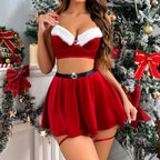 Conjunto de falda y lencería roja navideña – Sexy atuendo de Papá Noel de terciopelo