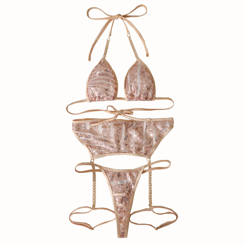 Gold Sequin Chain Lingerie Set – Sexy Garter Belt Style