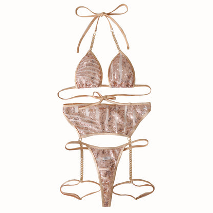 Gold Sequin Chain Lingerie Set – Sexy Garter Belt Style