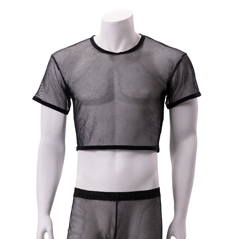 Men’s Sheer Mesh Lingerie Set – Transparent Crop Top & Shorts