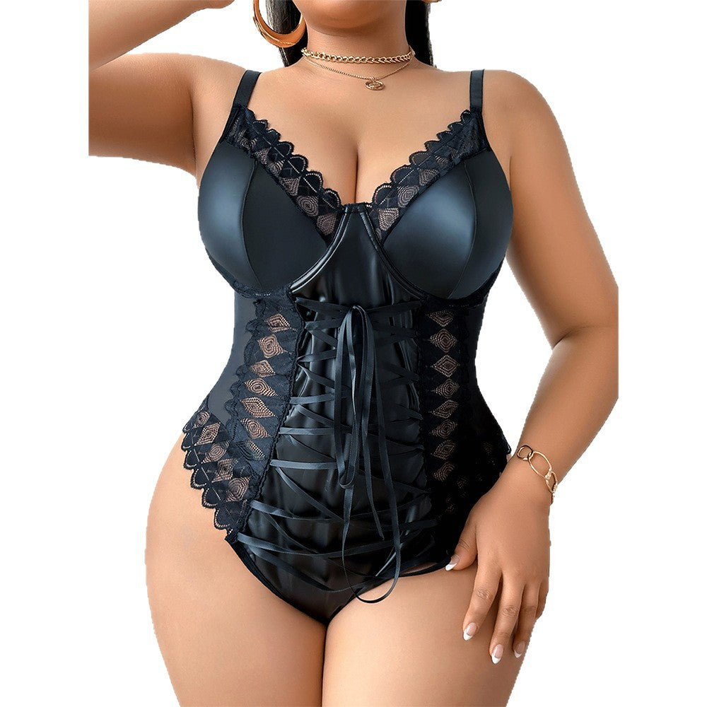 Plus Size Leather Lace Corset Bodysuit – Sexy Black Lingerie