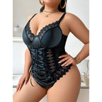 Plus Size Leather Lace Corset Bodysuit – Sexy Black Lingerie