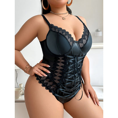 Plus Size Leather Lace Corset Bodysuit – Sexy Black Lingerie