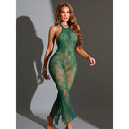 Green Lace Halter Lingerie Dress | Elegant Long Nightwear