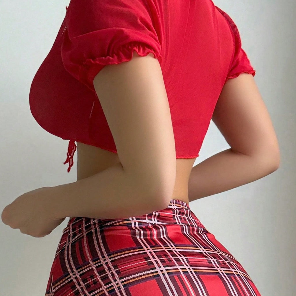 Red Plaid Crop Top Mini Skirt Set | Lunarelle Lingerie