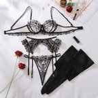 Black Floral Embroidered Lingerie Set with Garter Belt