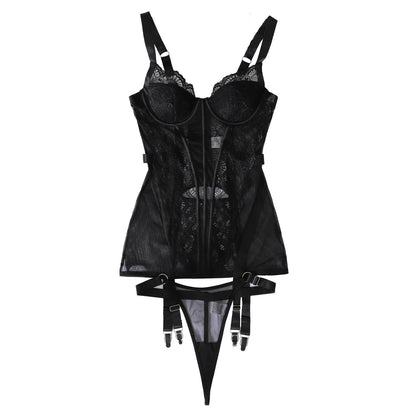 Black Lace Garter Lingerie Dress – Sexy Sheer Chemise