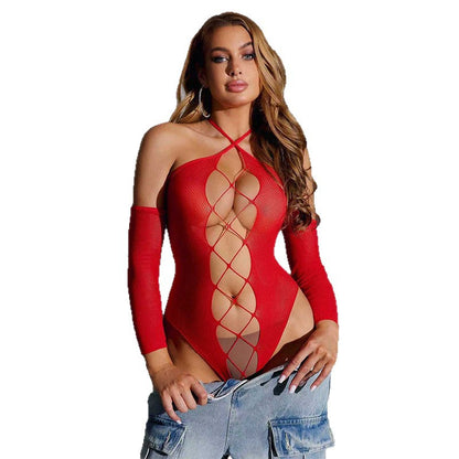 Body rojo de malla con cordones | Lencería sexy con aberturas