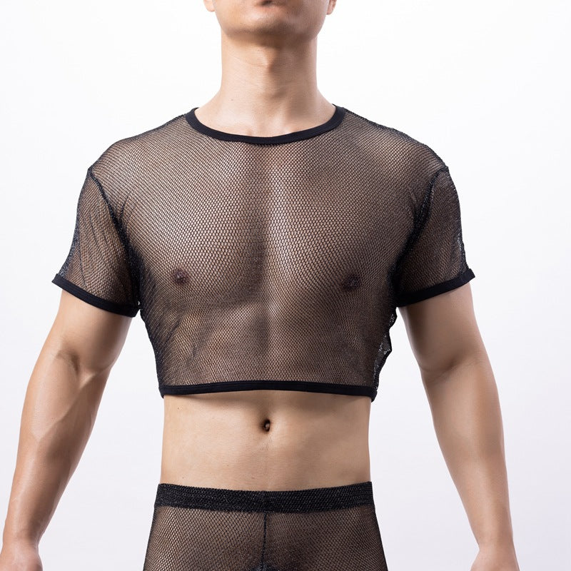 Men’s Sheer Mesh Lingerie Set – Transparent Crop Top & Shorts