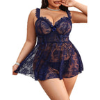 Plus Size Navy Lace Babydoll – Elegant Sheer Lingerie for Women
