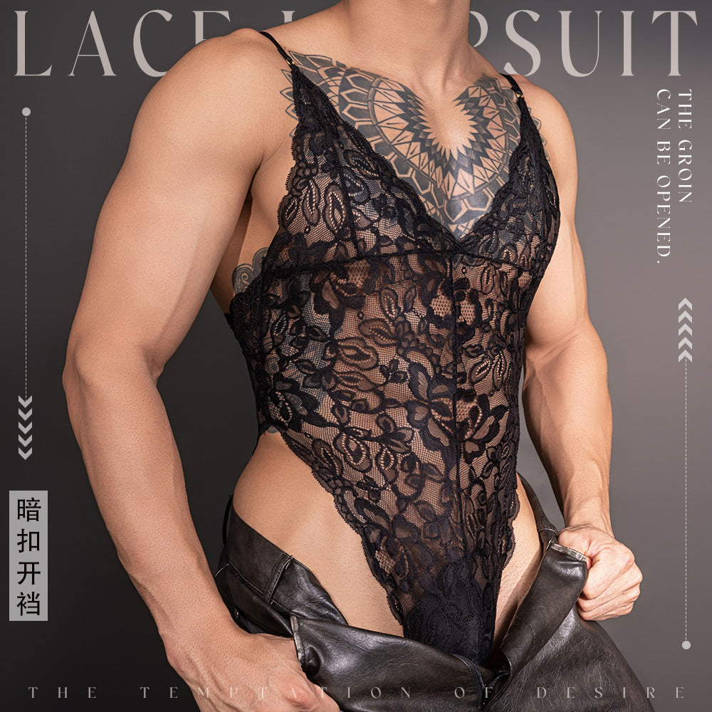 Men’s Black Lace Bodysuit – Sheer Floral One-Piece