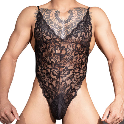 Men’s Black Lace Bodysuit – Sheer Floral One-Piece